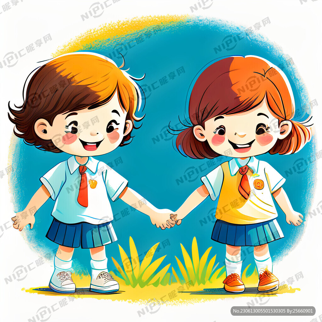 生成一张卡通儿童插画 手拉手