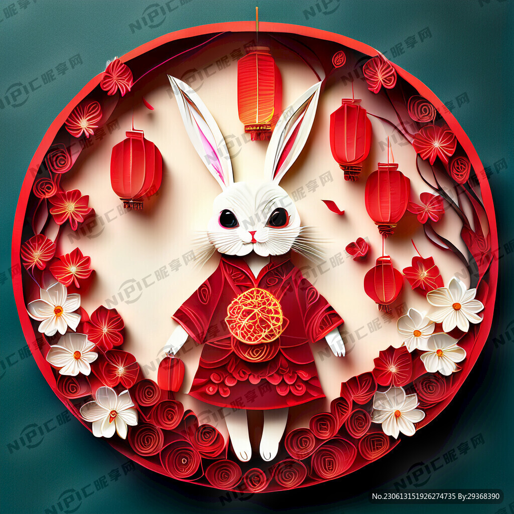 衍纸艺术 春节 可爱兔子 红梅