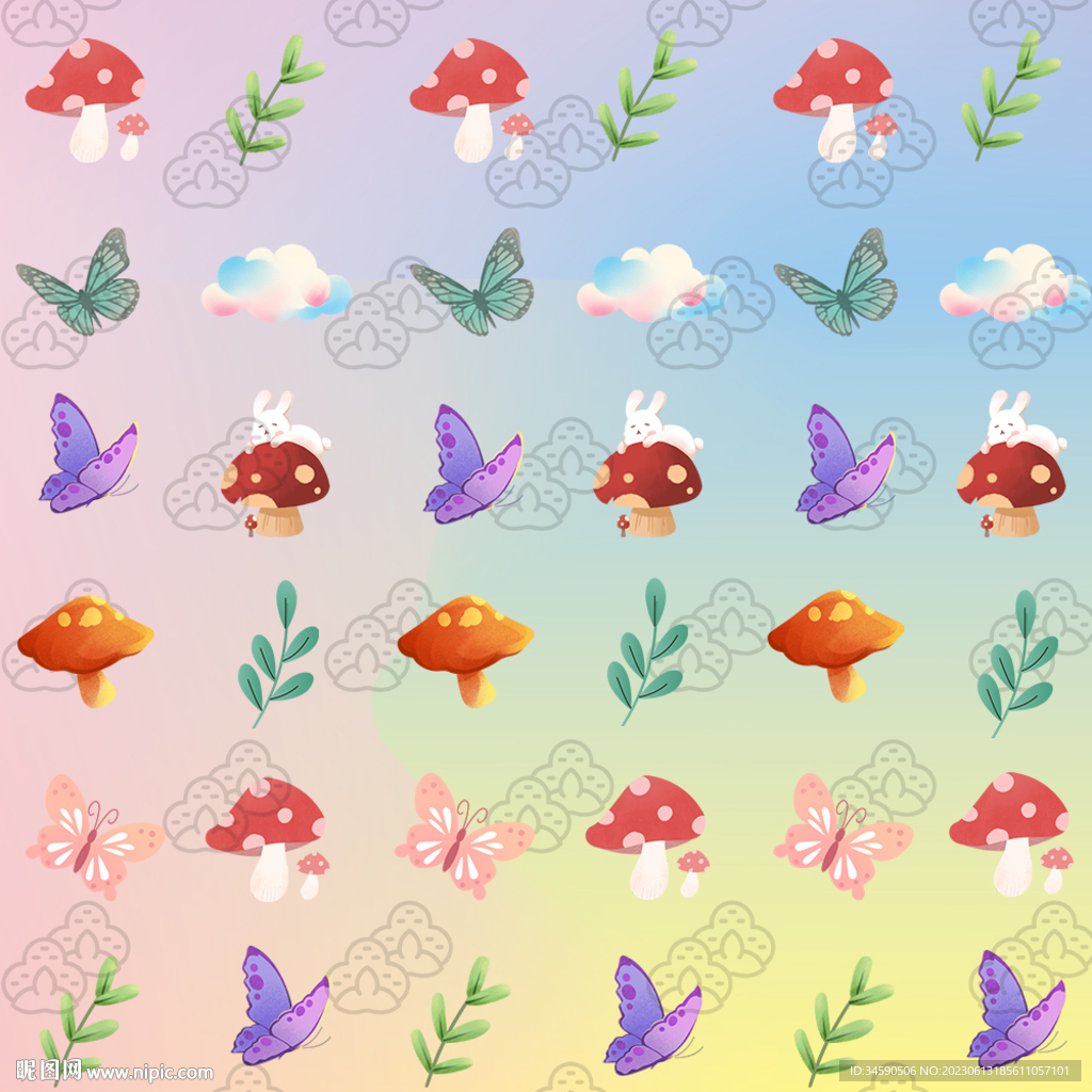 蘑菇蝴蝶花草云朵无缝背景图案