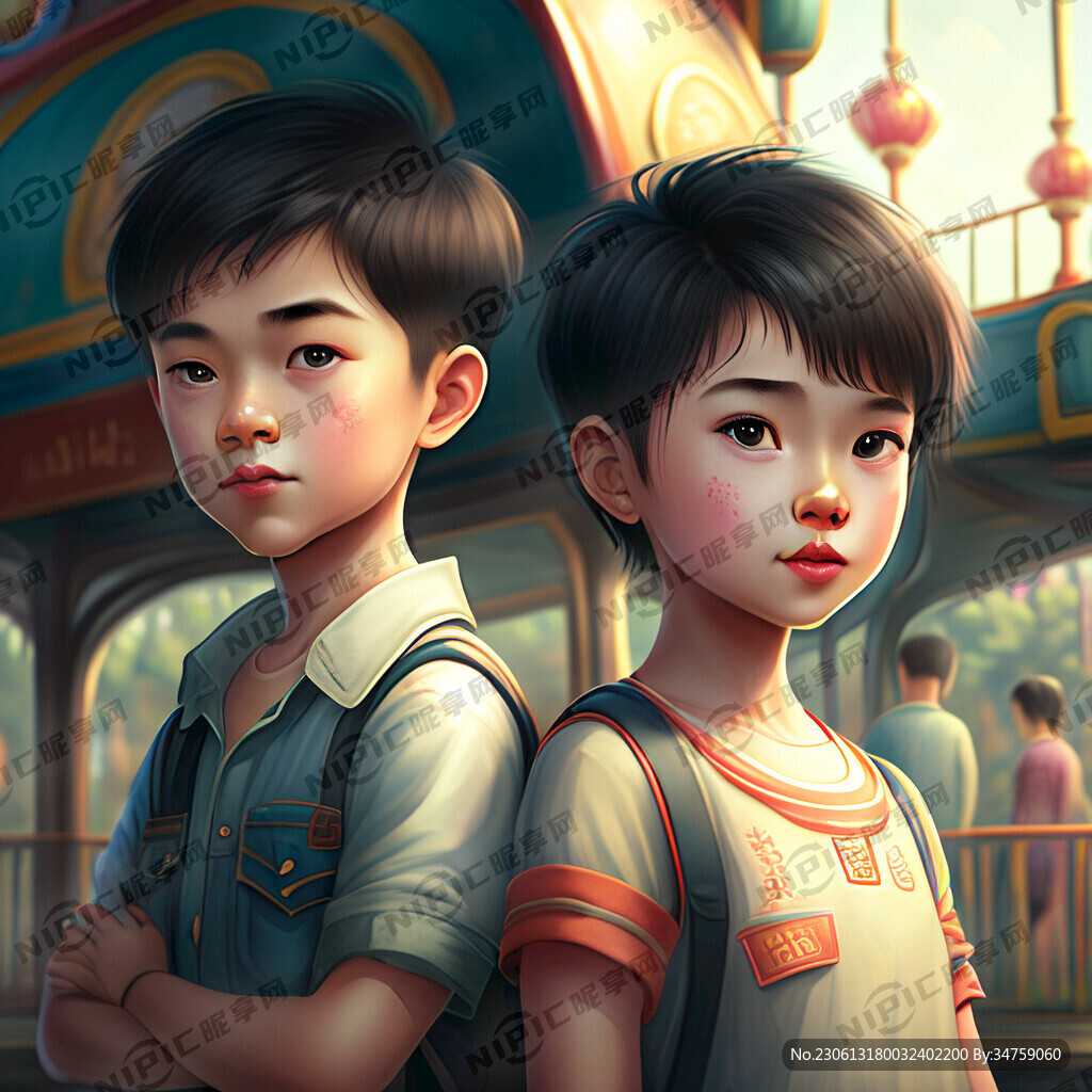 在游乐园一个女孩和一个男孩两个