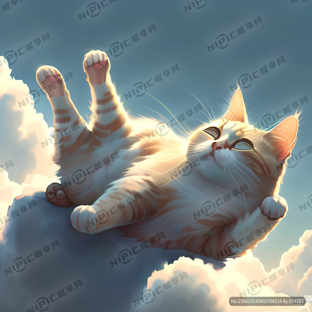 猫咪在云朵上伸懒腰