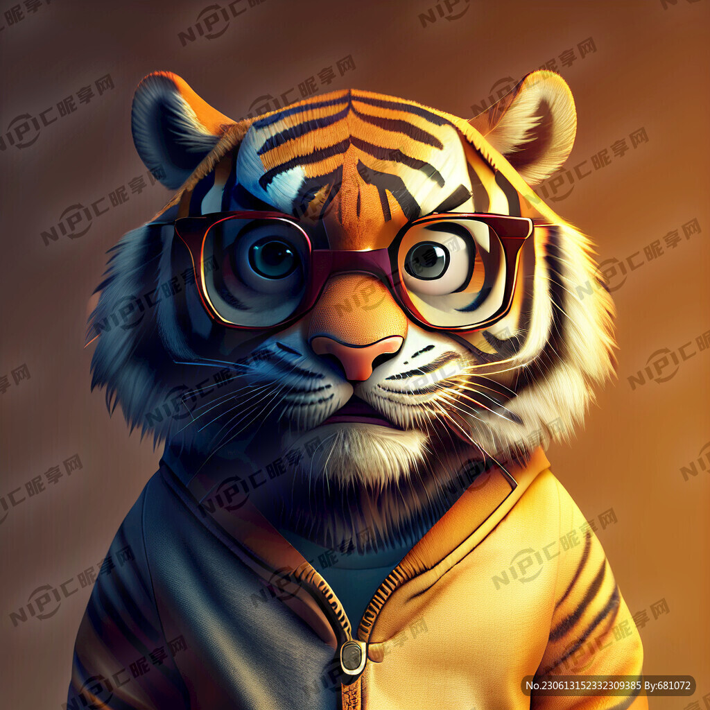 中国风老虎 休闲装扮 带着眼镜