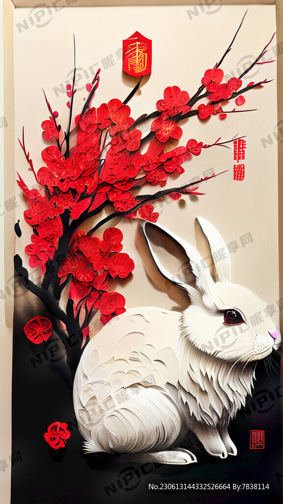 衍纸艺术 春节 可爱兔子 红梅