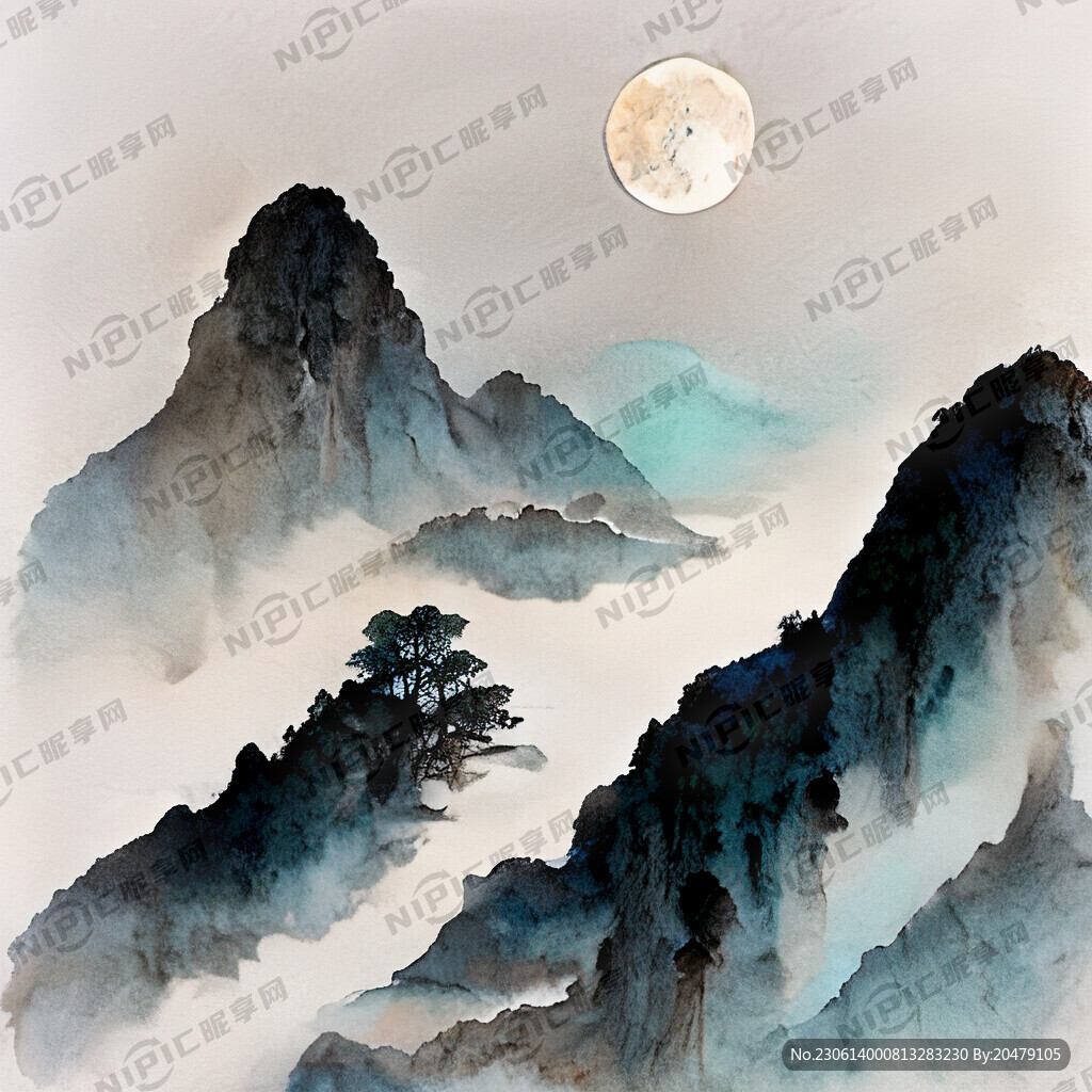 中国风有树有山有水有月亮有雾