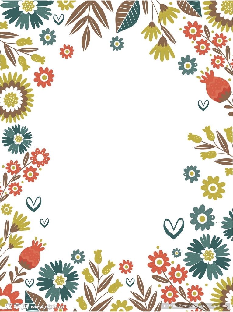 扁平风格手绘花卉植物花边图案