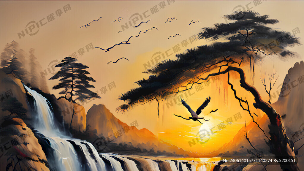 仙鹤 迎客松 油画 米黄色背景