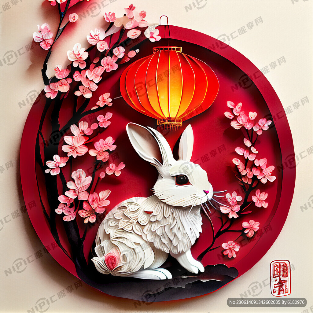 衍纸艺术 春节 可爱兔子 红梅