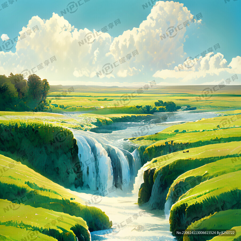 瀑布河流 平原草地 自然风光
