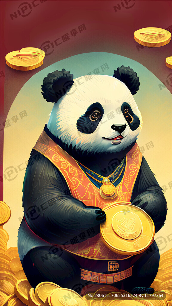 国潮风格 熊猫 手拿金币 炫酷