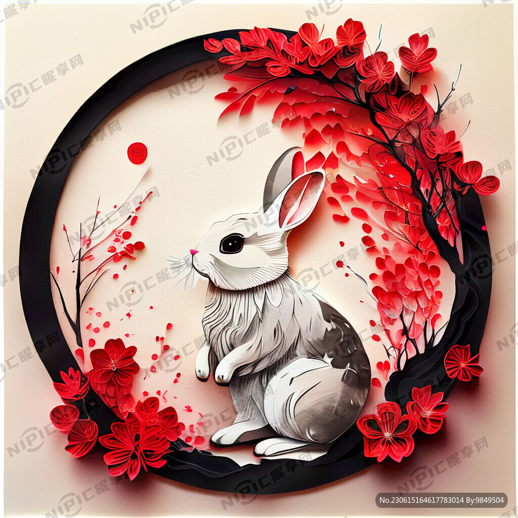 衍纸艺术 春节 可爱兔子 红梅