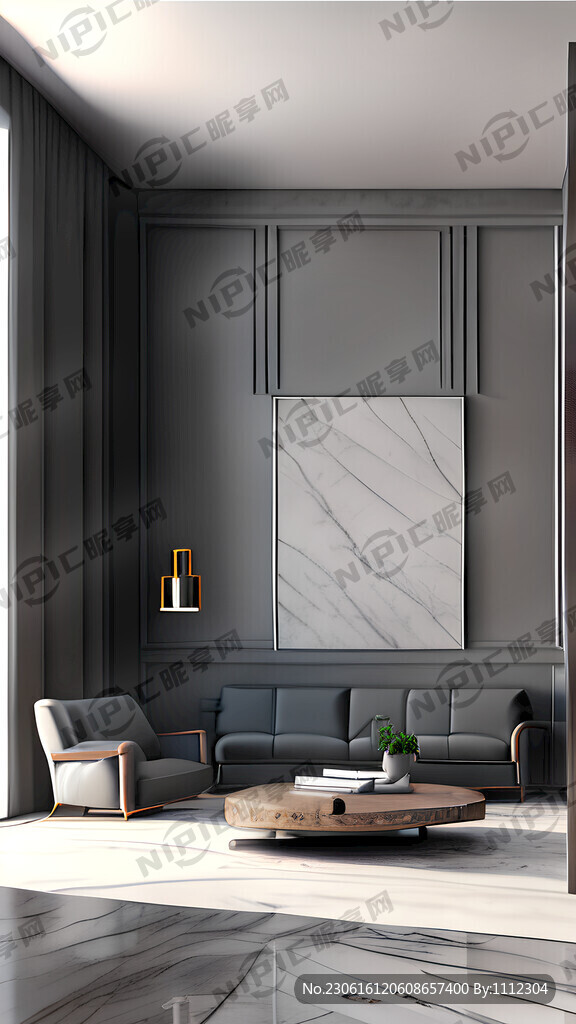 灰调现代客厅大理石简洁木纹落地
