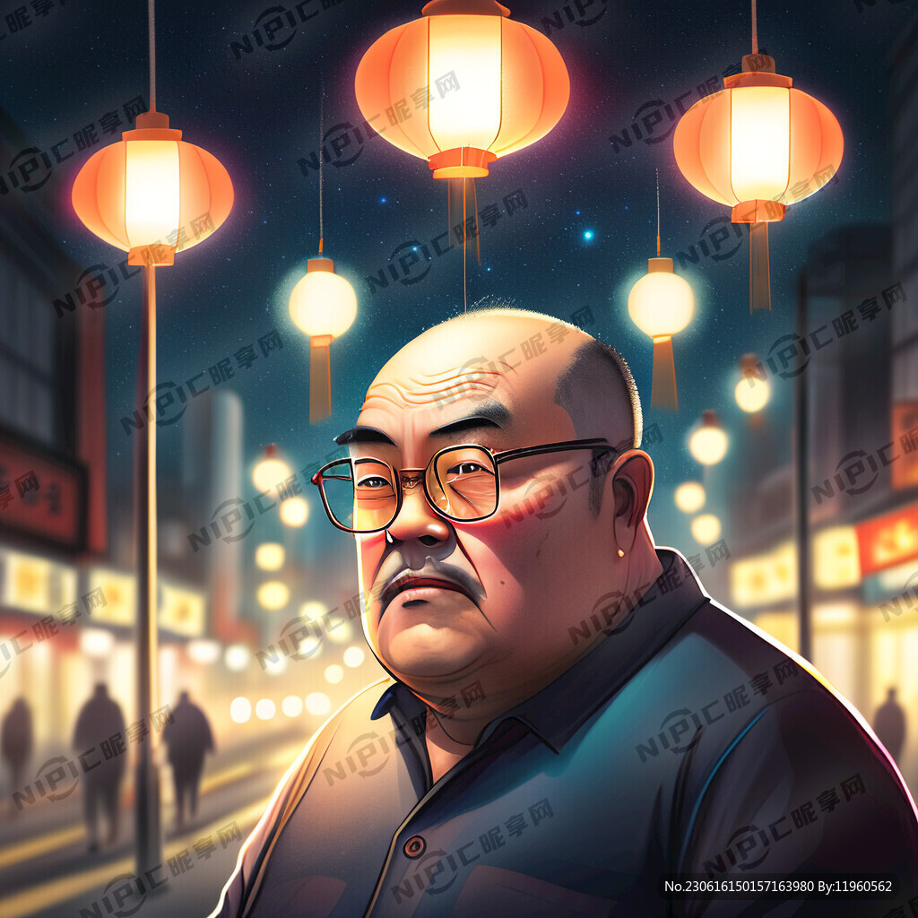 眼镜胖子中年男人光头街道路灯夜