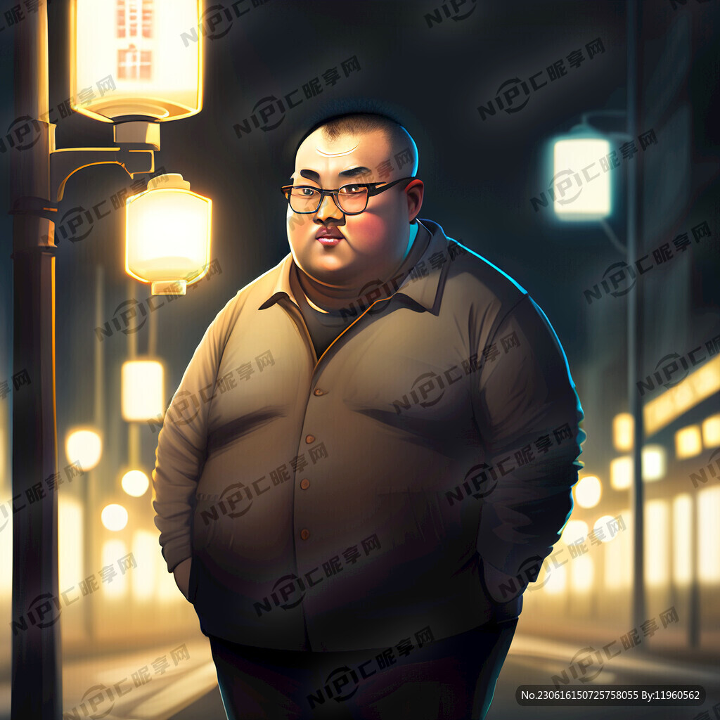 眼镜胖子男人光头全身夜晚路灯