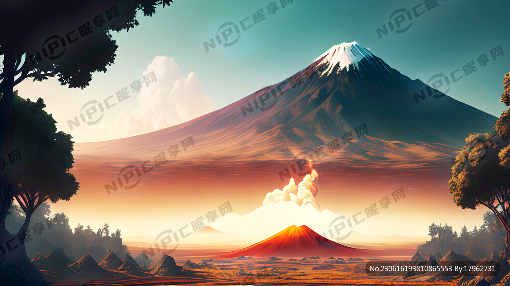 自然生态基地 远处火山背景