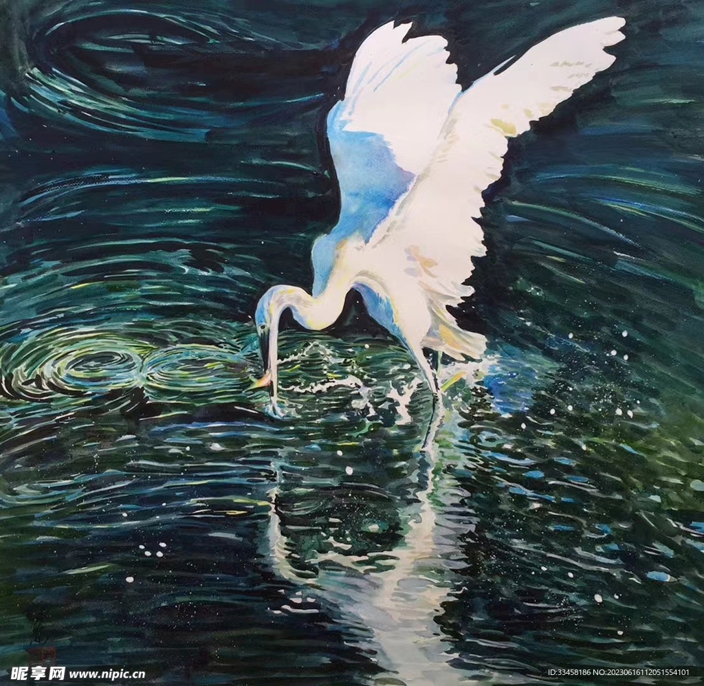 手绘水彩写实海中的白鹭捕鱼