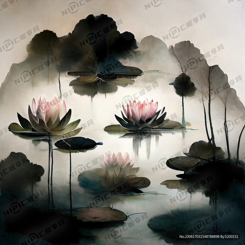 荷花 池塘 水墨画 抽象画