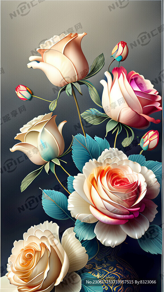 七彩玫瑰花插在花瓶里 超高清