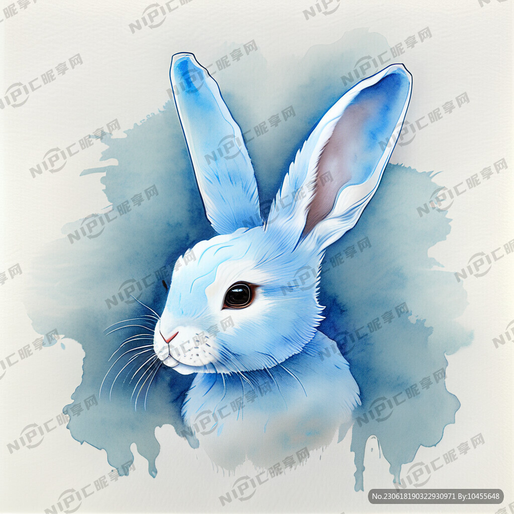 蓝色兔子 插画 中国风