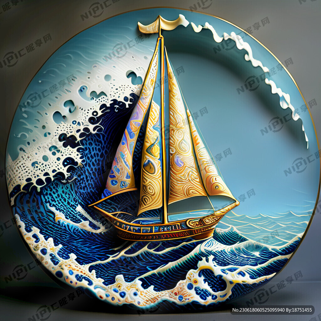 珐琅彩 帆船 海浪