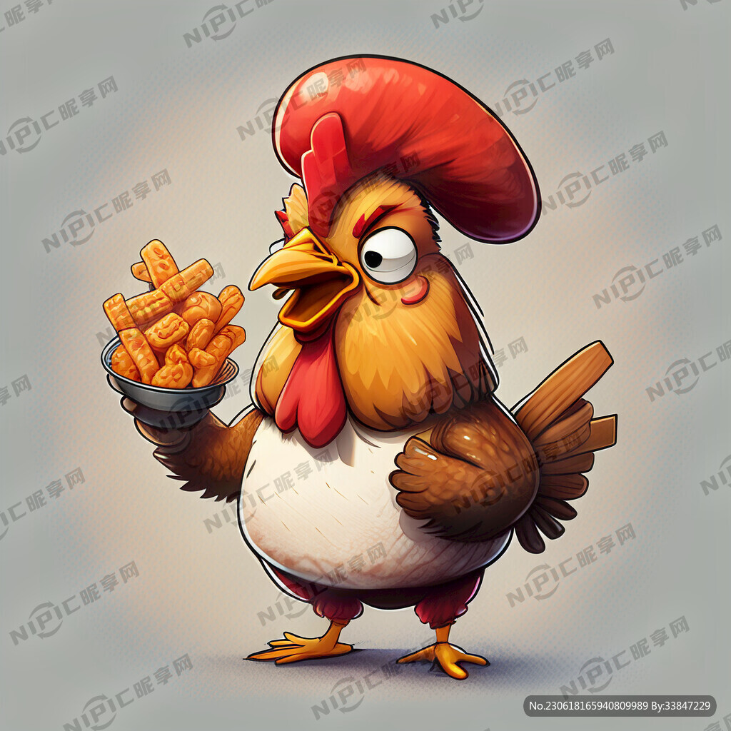 手绘卡通鸡 戴着红色的帽子