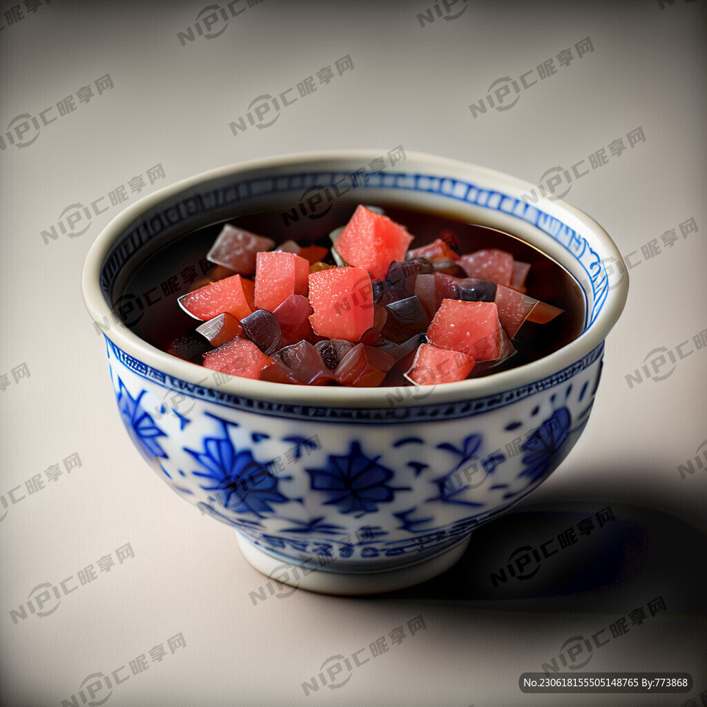 青花瓷碗 小汤圆 西瓜丁 红糖