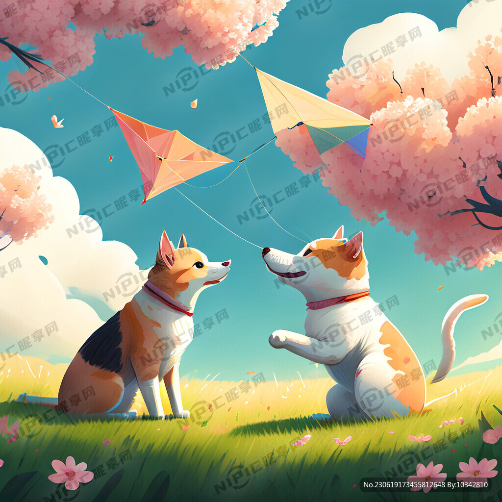 猫狗在草地上玩耍 天上有风筝