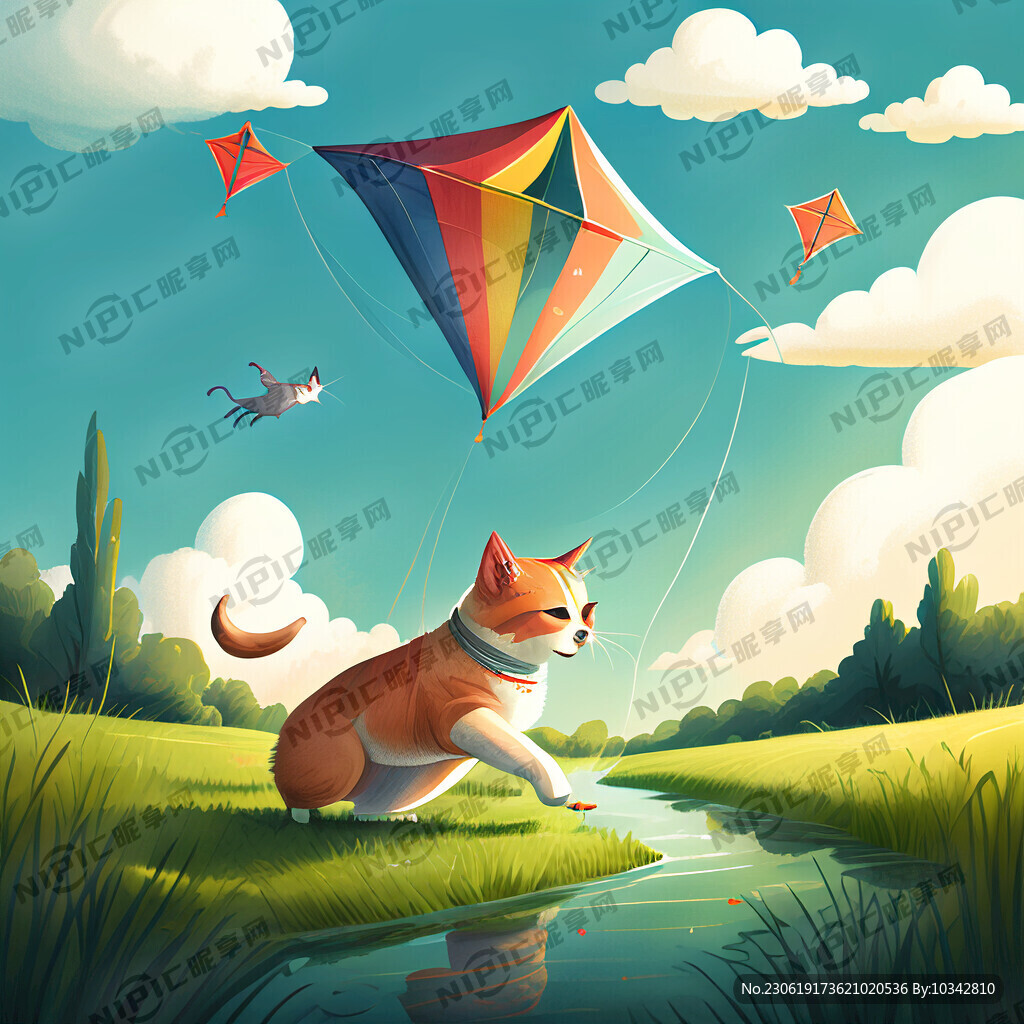 猫狗在草地上玩耍 天上有风筝