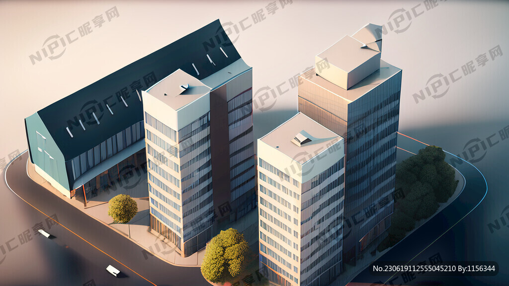 一幢办公楼和三幢厂房的三维鸟瞰