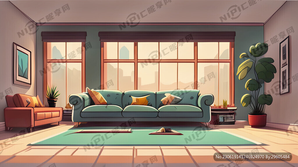 客厅放着正面沙发 背面落地窗