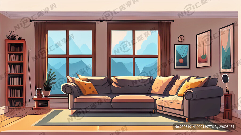 客厅放着正面沙发 背面落地窗