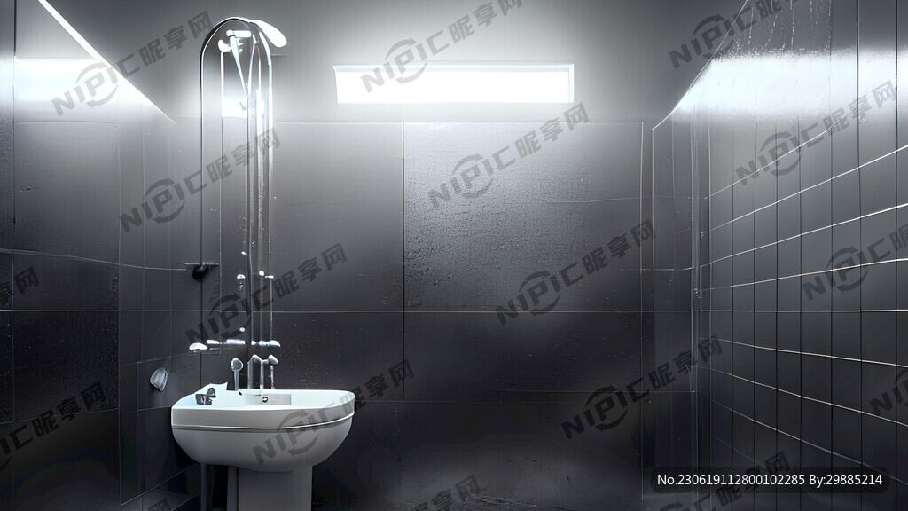 淋浴间 暗色瓷砖墙壁 花洒