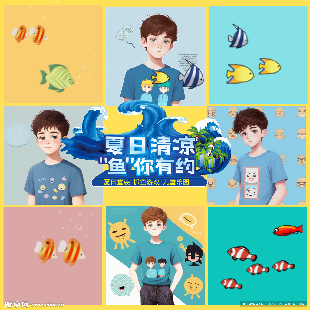 夏日童装抓鱼促销海报