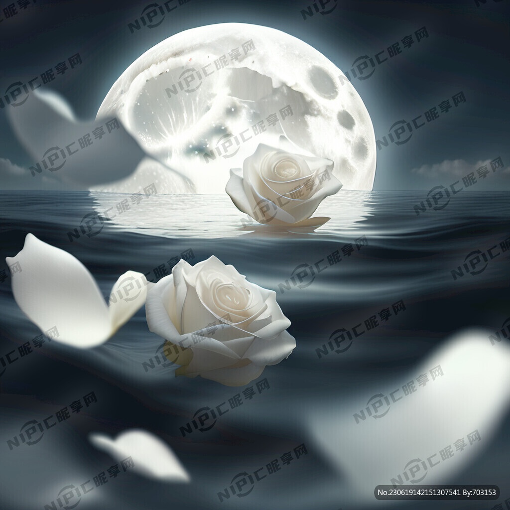 月光下的海面上飘着白色的玫瑰花