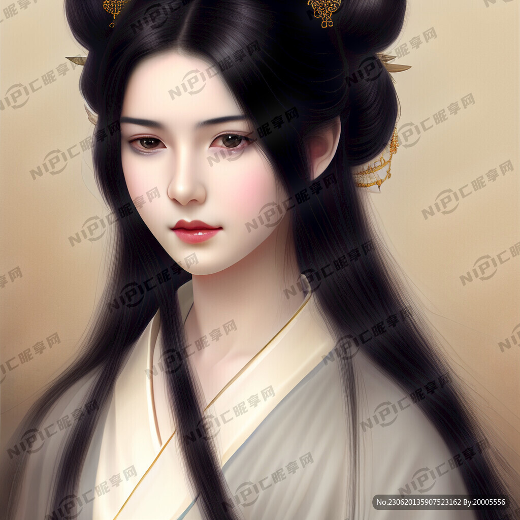 古风少女 长长的黑发 面容精致