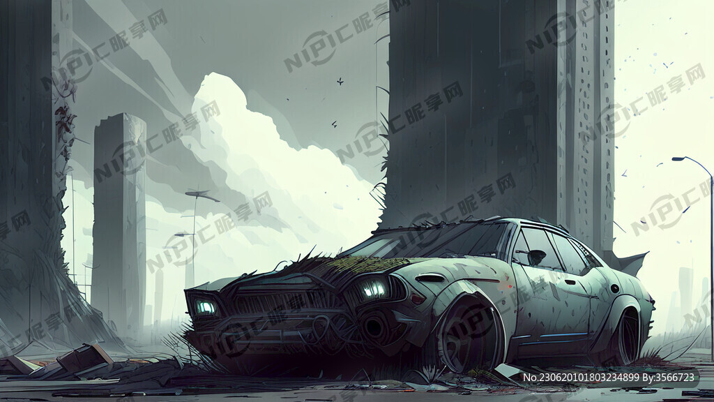 城市废墟 破旧汽车 赛博朋克