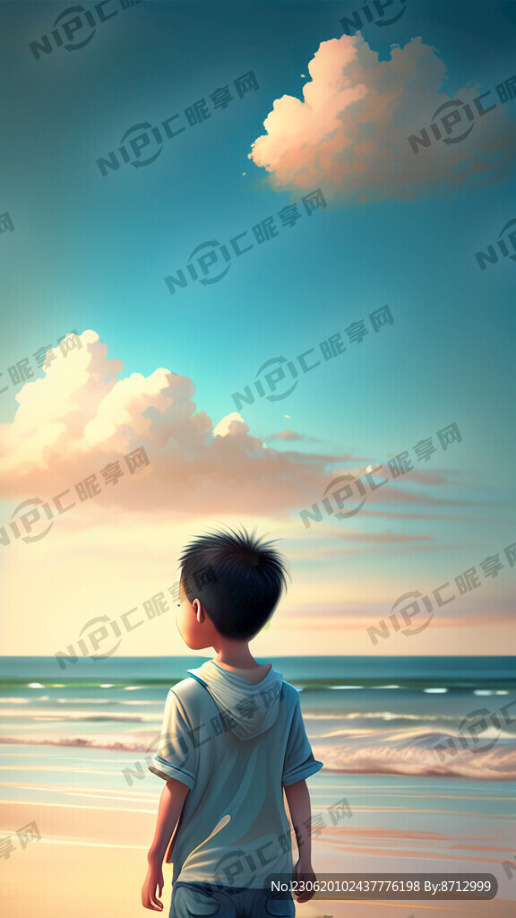 可爱男孩夏日海边梦幻场景