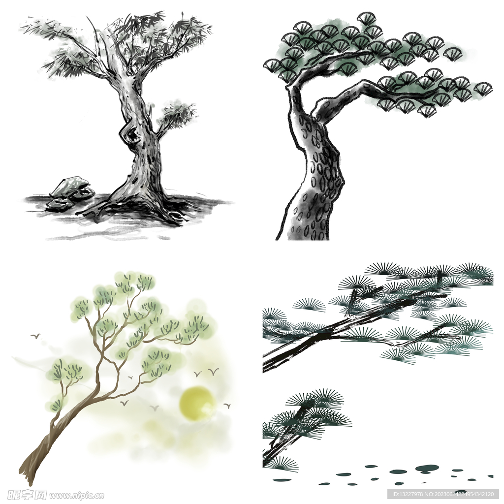 水墨松树松枝迎客松水墨画