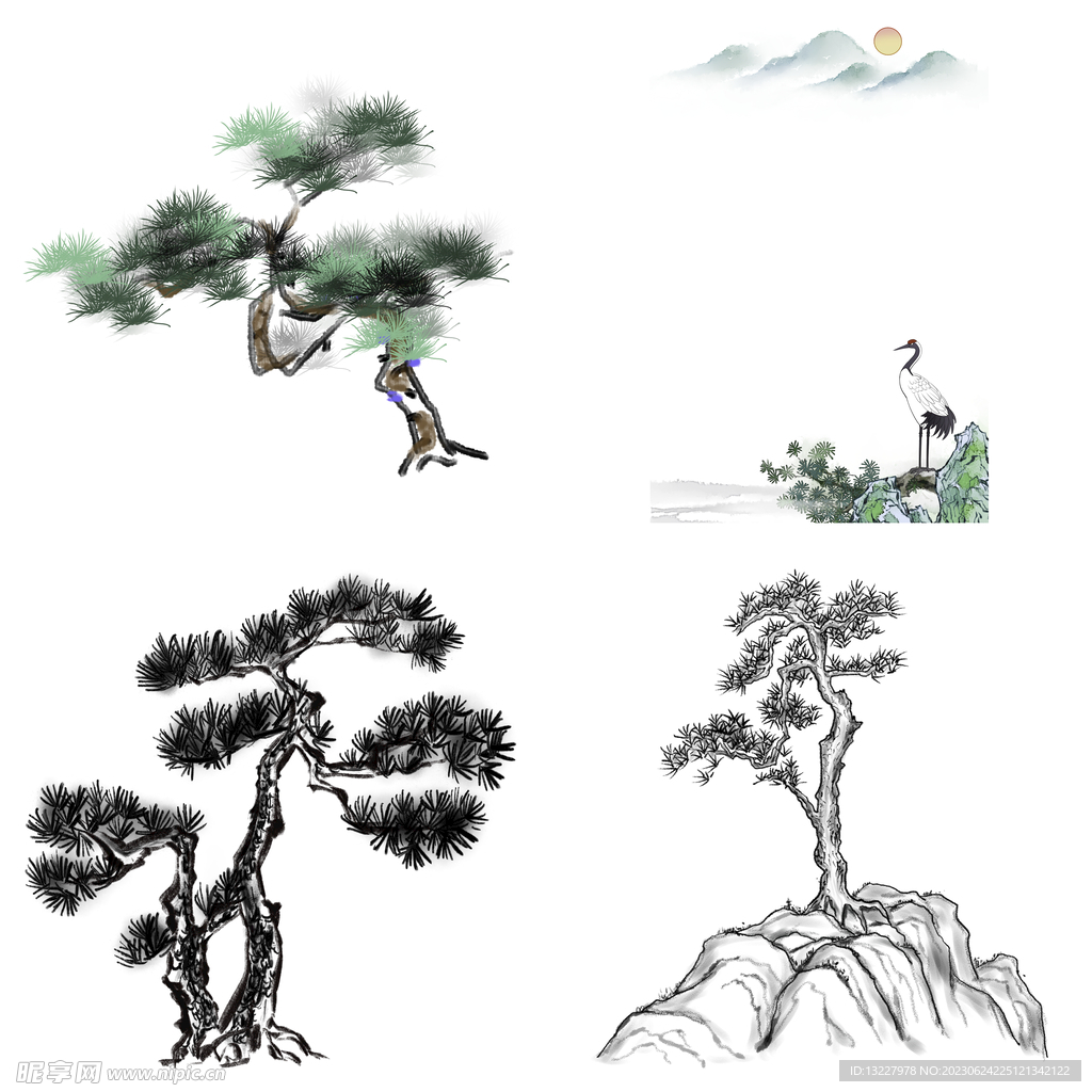 水墨松树松枝迎客松水墨画