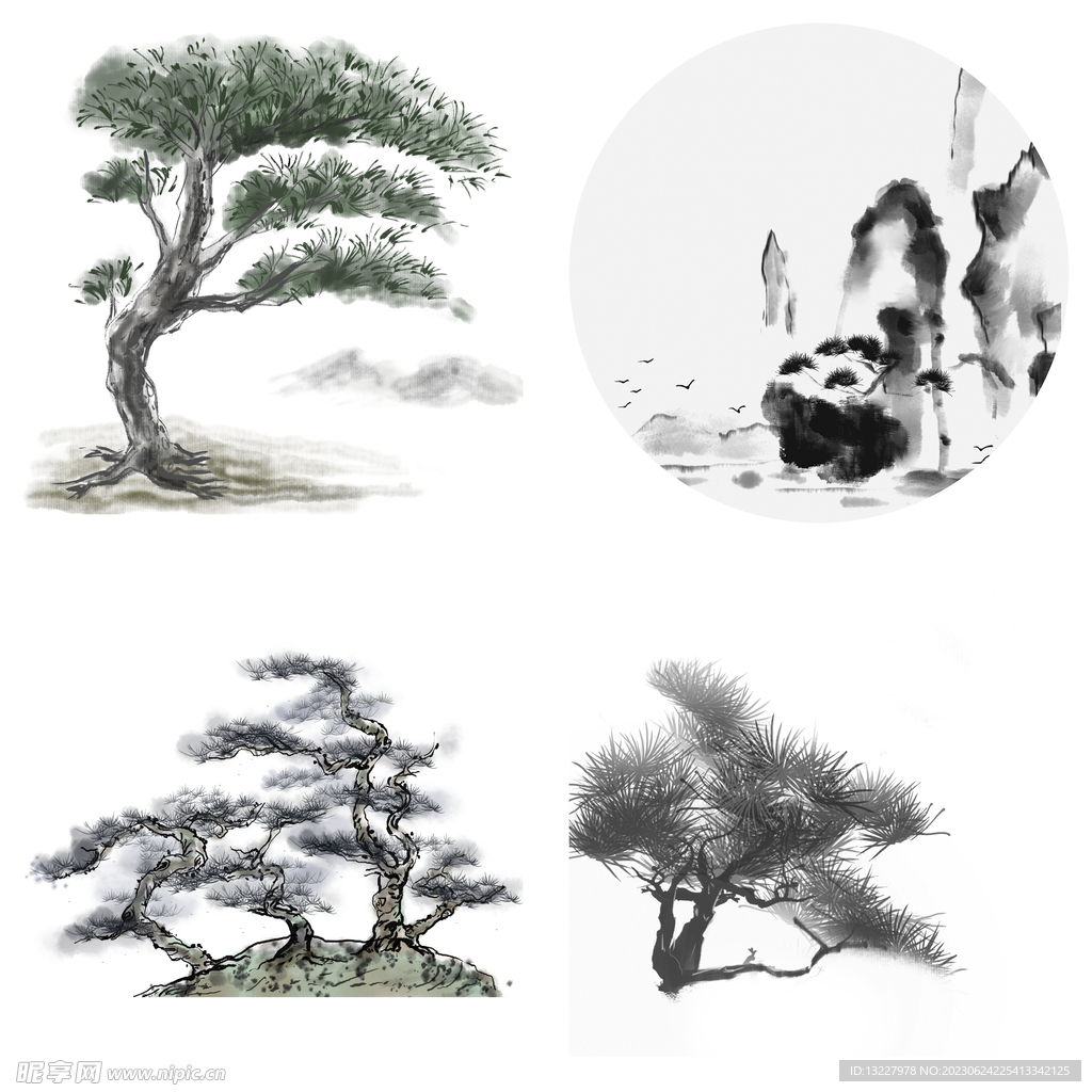 水墨松树松枝迎客松水墨画