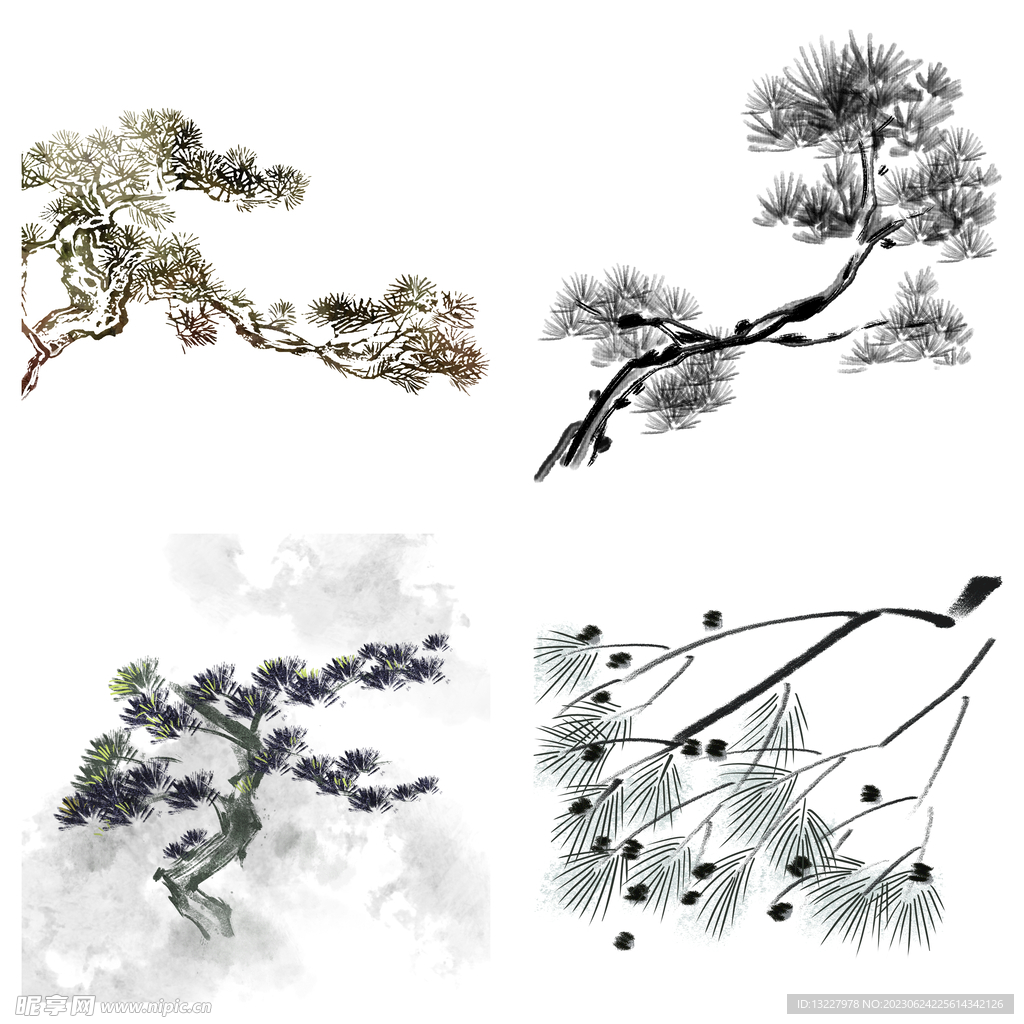 水墨松树松枝迎客松水墨画