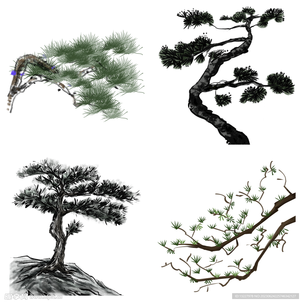 水墨松树松枝迎客松水墨画