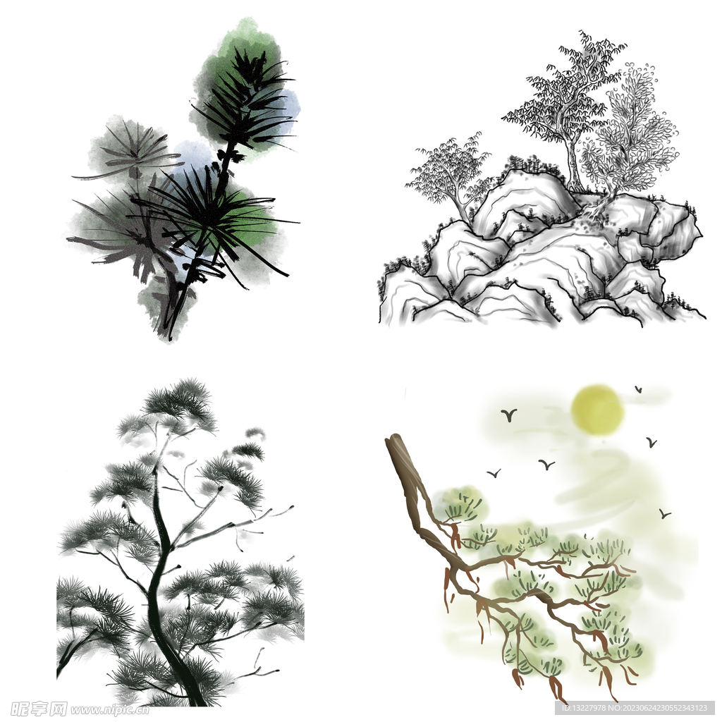 水墨松树松枝迎客松水墨画