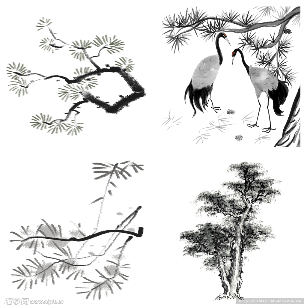 中国风水墨松树松枝迎客松水墨画