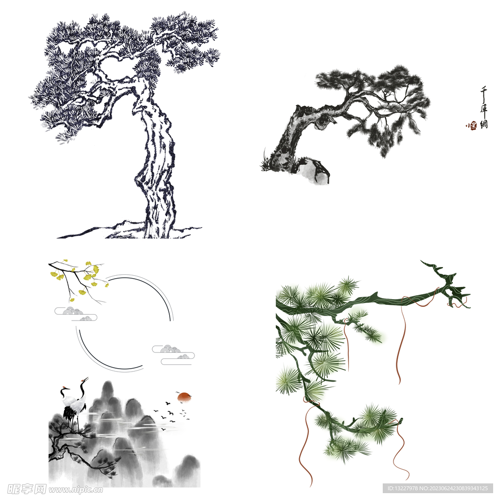 中国风水墨松树松枝迎客松水墨画