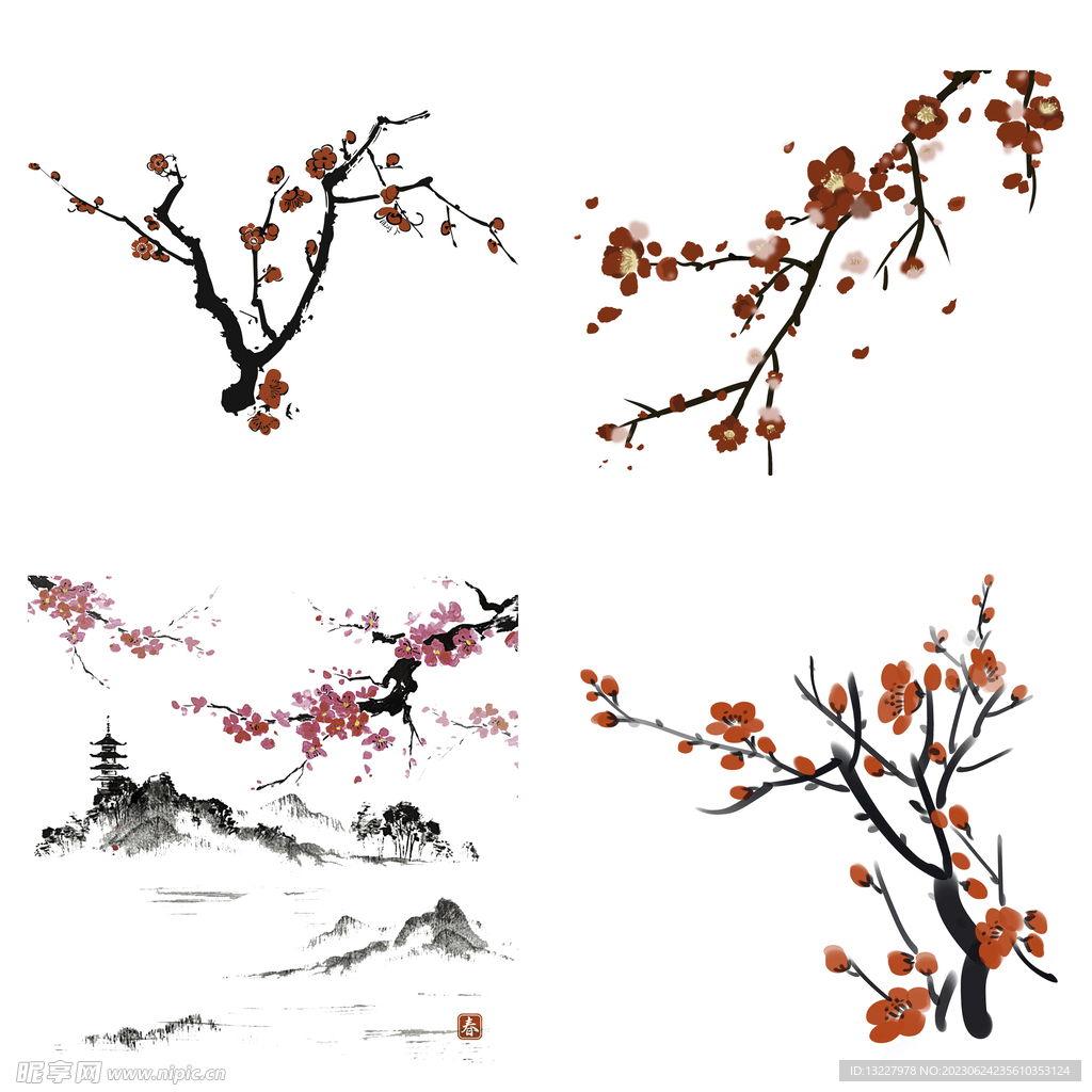 水墨红梅腊梅梅花花卉背景