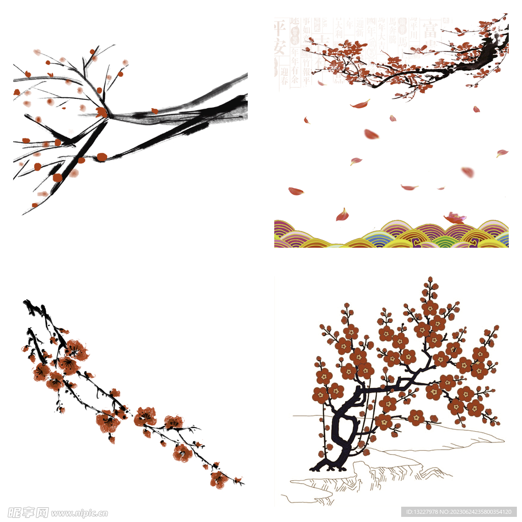 水墨红梅腊梅梅花花卉背景