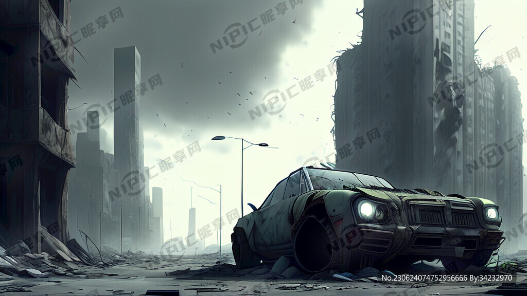 城市废墟 破旧汽车 赛博朋克