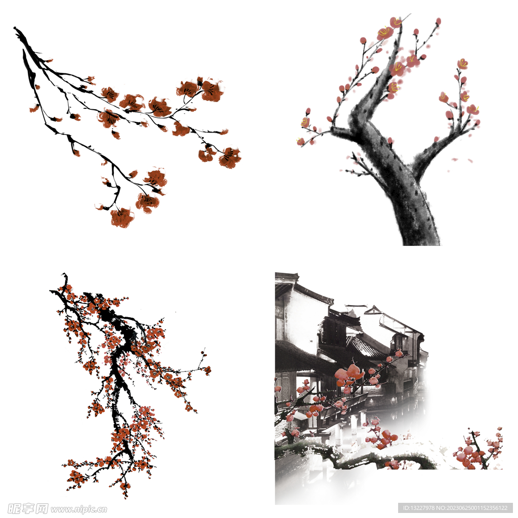 水墨红梅腊梅梅花花卉背景