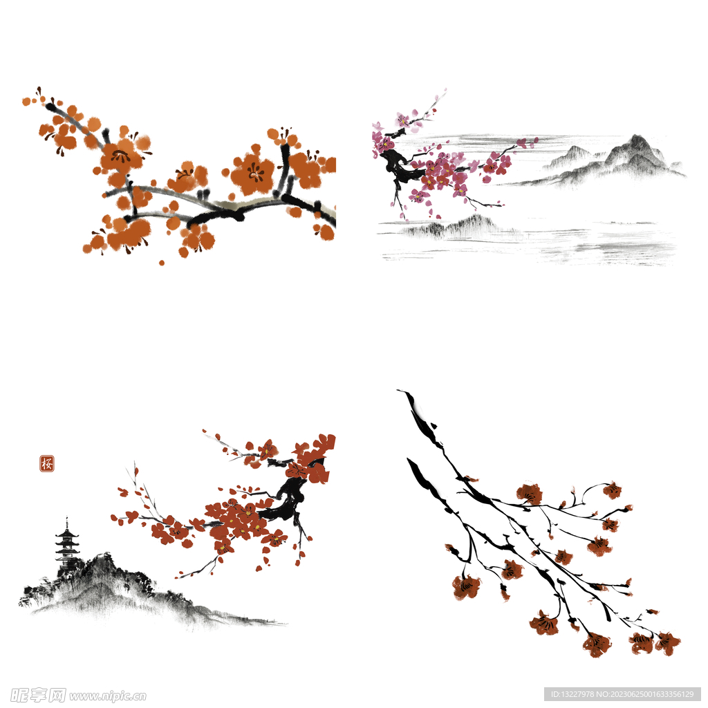 水墨红梅腊梅梅花花卉背景