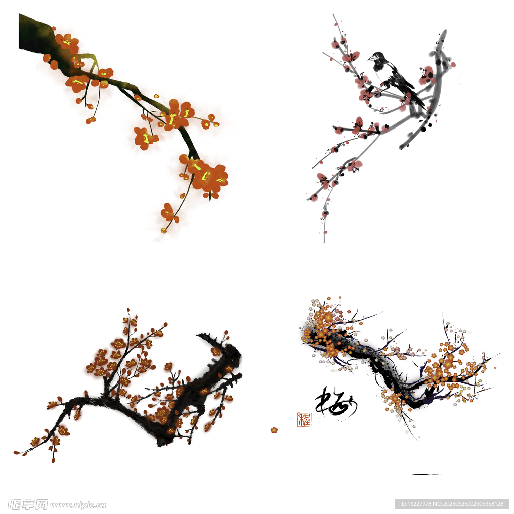 水墨红梅腊梅梅花花卉背景